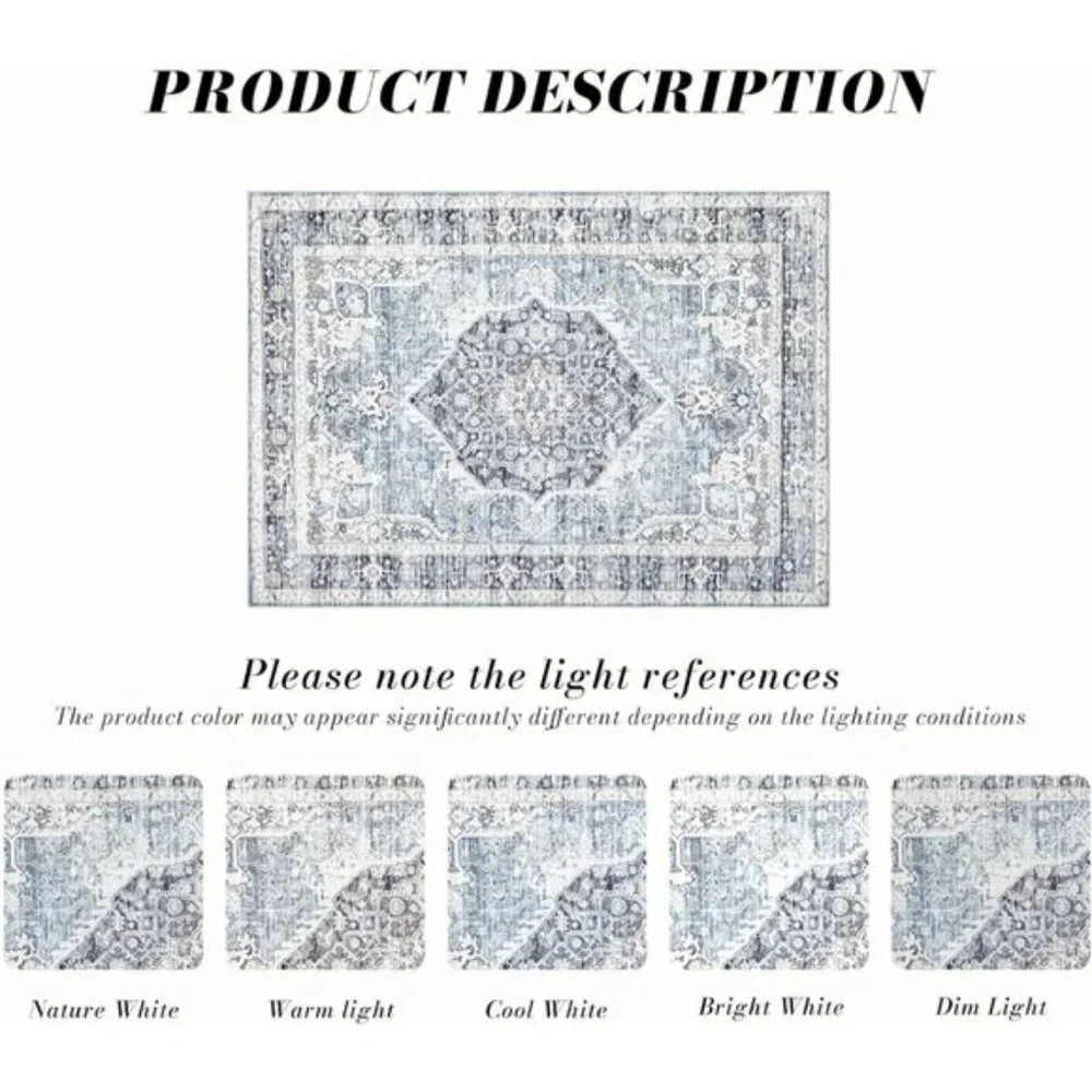 5x7 Light Blue Area Rug Washable, Non-Slip, Ultra-Soft Vintage Carpet for Home